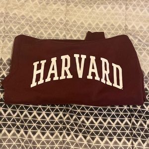 it’s says harvard on the front, nothing on the back, has pockets, has a hood